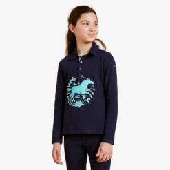 Girls' Long-Sleeved Horse Riding Polo Shirt 100