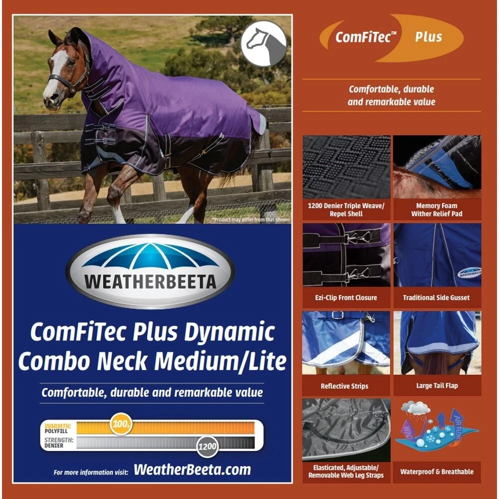 Weatherbeeta Comfitec Plus Medium/Lite Dynamic Combo Neck Rug (Purple/Black) 2 Weatherbeeta Comfitec Plus Medium/Lite Dynamic Combo Neck Rug (Purple/Black) - Image 2