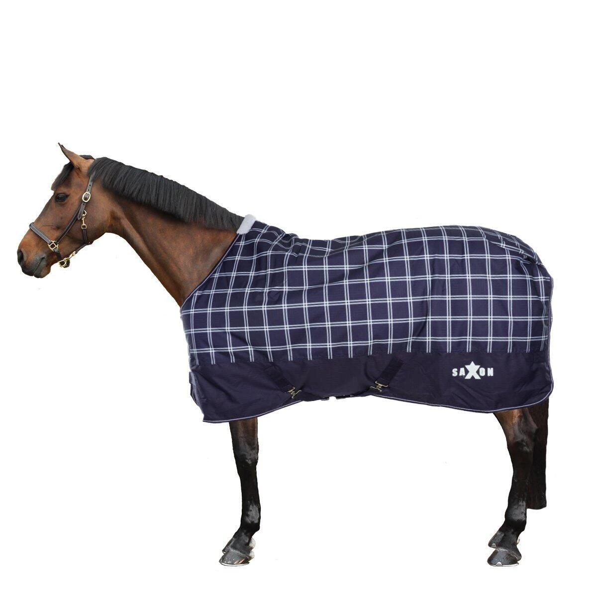 Saxon Defiant StandardNeck Plaid Midweight Horse Turnout Rug (Navy/White) 1 Saxon Defiant StandardNeck Plaid Midweight Horse Turnout Rug (Navy/White)